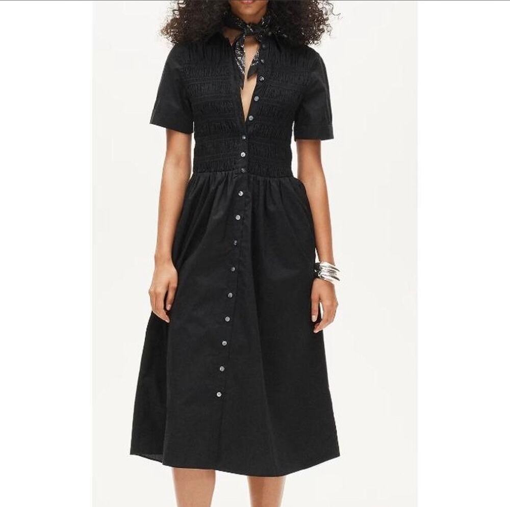 J. Crew Elsie Shirt-Dress Midi Cotton Poplin Black Smocked Button Down Size XXL